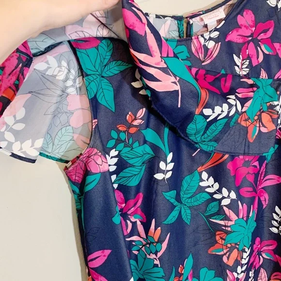 Isabel Maternity (XL) Pink Navy Teal Floral Top with Cold Shoulder and ruffles - Picture 4 of 9